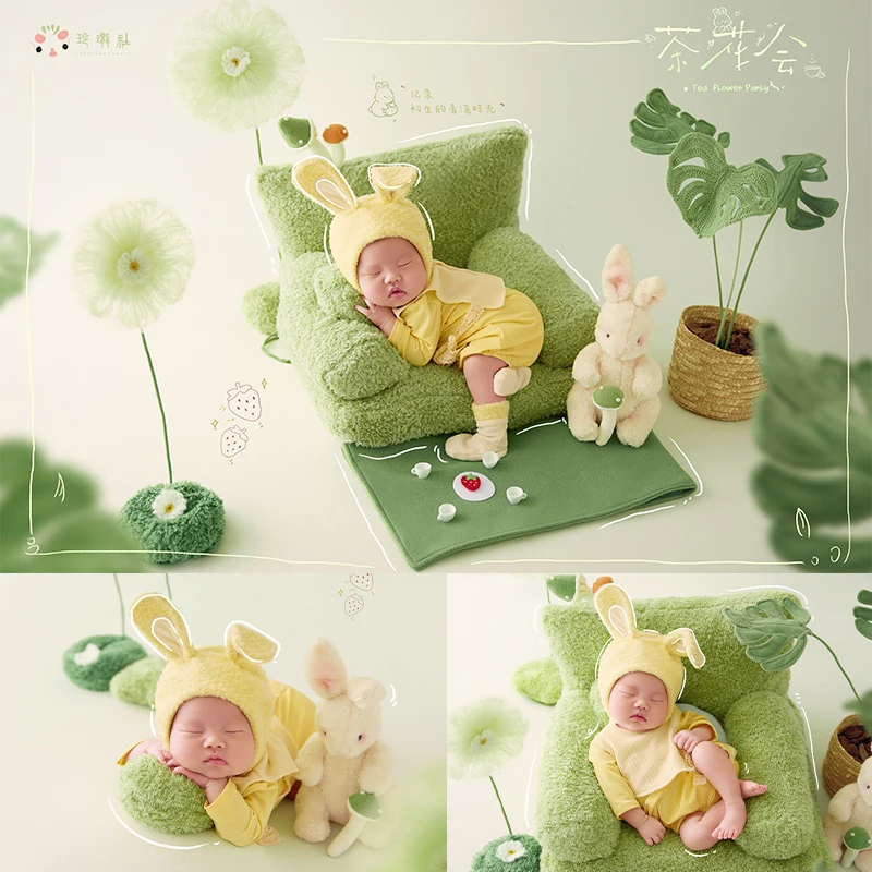 tenue-de-photographie-pour-nouveau-ne-sur-le-theme-d'une-fete-de-the-animale-adorable-barboteuse-avec-chapeau-de-lapin-accessoires-en-tissu-plantes-champignons-tenue-de-portrait-pour-bebe