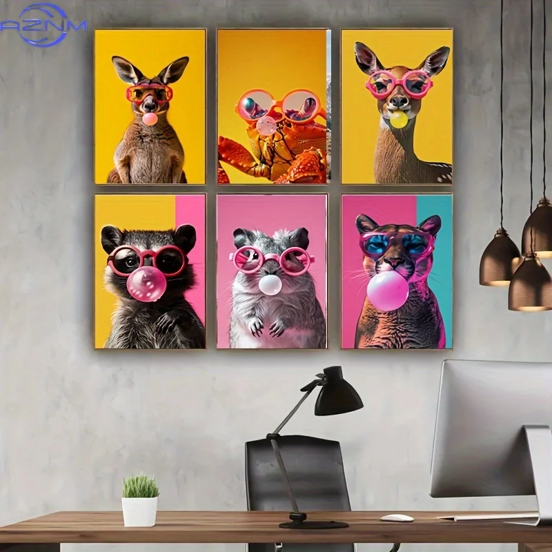 Wild Zoo Animal Canvas Art Set - Frameless Wall Prints with Crabs, Lions, Kangaroos, Raccoons, Groundhogs & Deer - Perfect for N