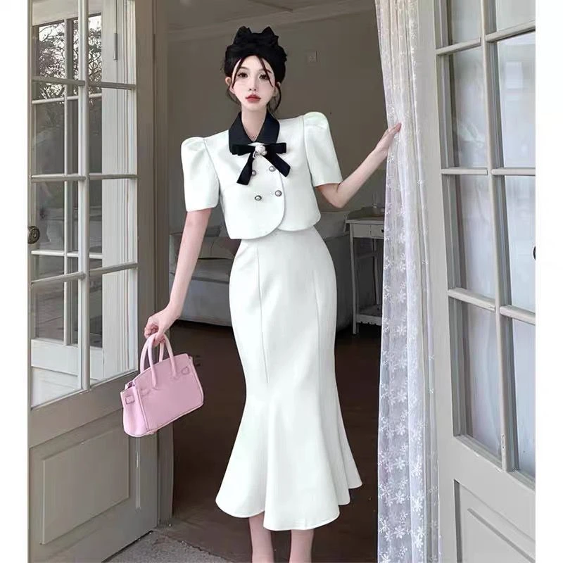 

French Chic Style Black Dominant Outfit Summer Set with Age-reducing Professional High-end Mermaid Skirt Two-piece Set Fashion