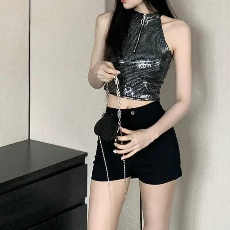 

Jazz Dance Halter Neck Sequin Short Top High Waist Shorts Waist Cinching Slim Fit Women Two Piece Set Sweet Cool Girl Style