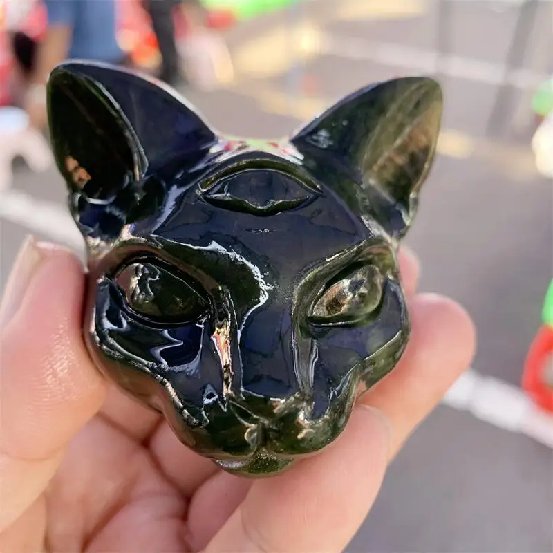 Natural Green Jade Egyptian Cat Head Carving, Healing Crystal Stone, Cute Birthday Present, Home Decoration, 1Pc