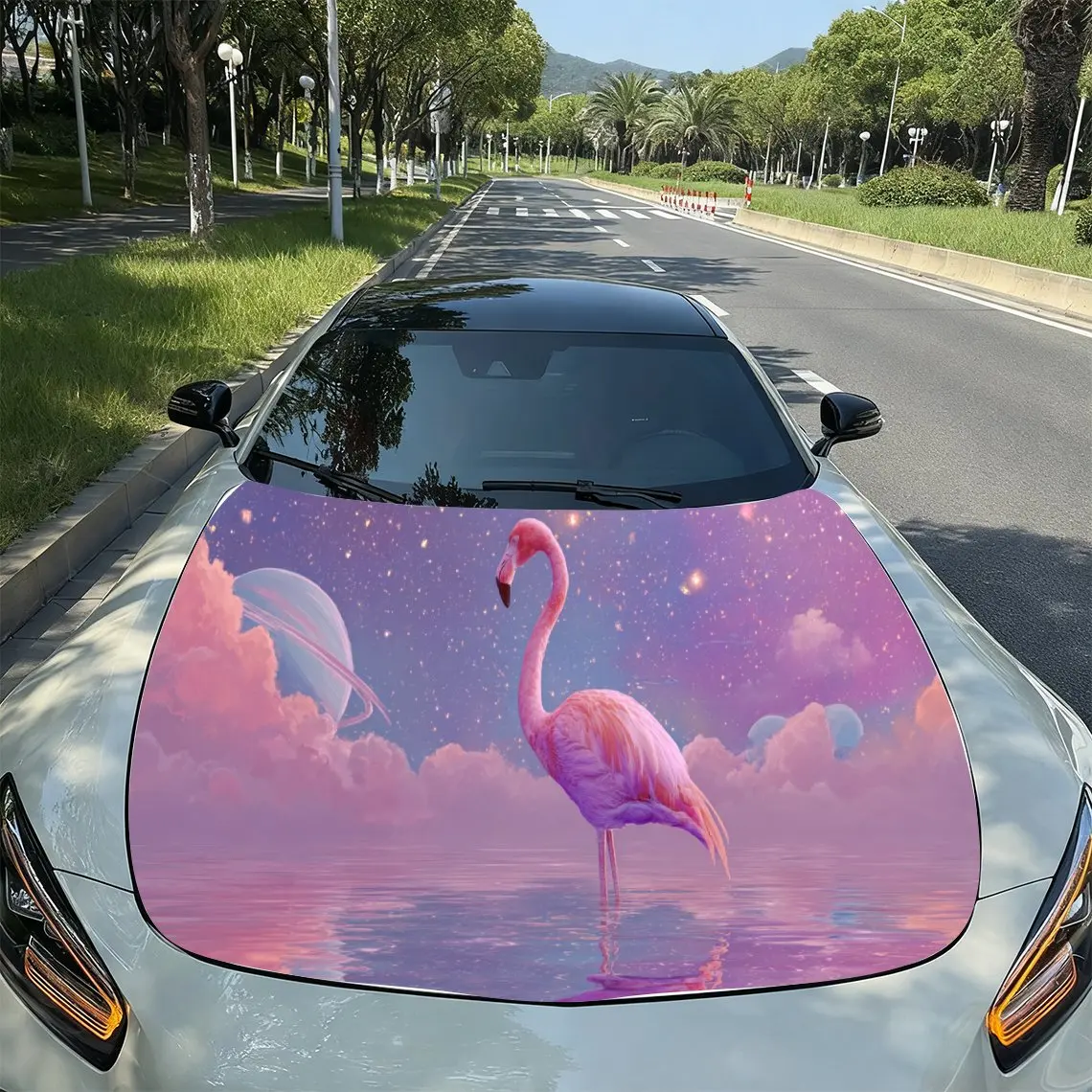 

Романтические звездные фламинго мечтательные розовые обертывания на капот автомобиля из ПВХ, самоклеящаяся водонепроницаемая наклейка на капот автомобиля, украшение автомобиля Prote