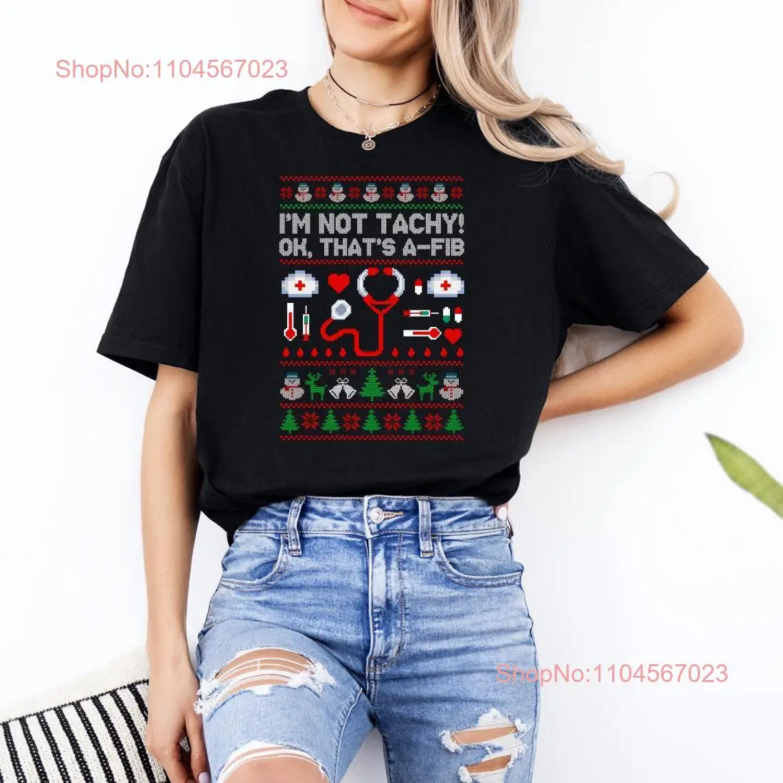 Je ne suis pas Tachy Ok c'est une Fib t-shirt laid pull de noël drôle infirmière RN ER Santa médical cardiaque ICU vêtements