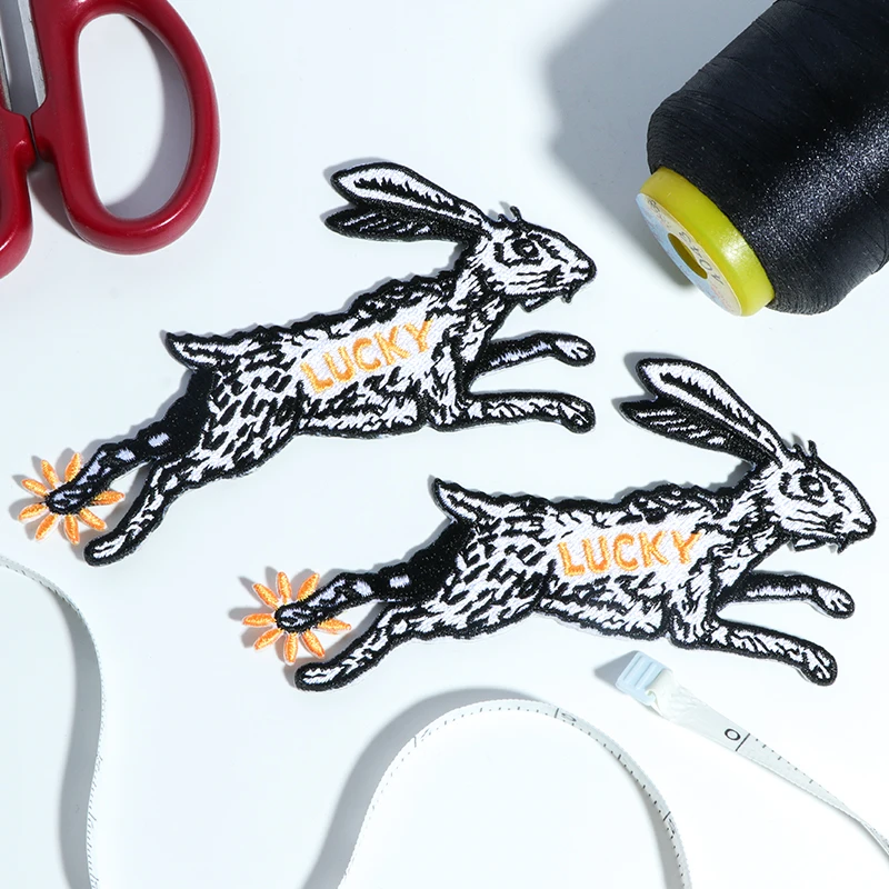 1PC Lucky Bunny With Flower Embroidered Patch Iron On Sew On Patches For Clothing Cap Bag Shoes DIY Gift Badge With Adhesive