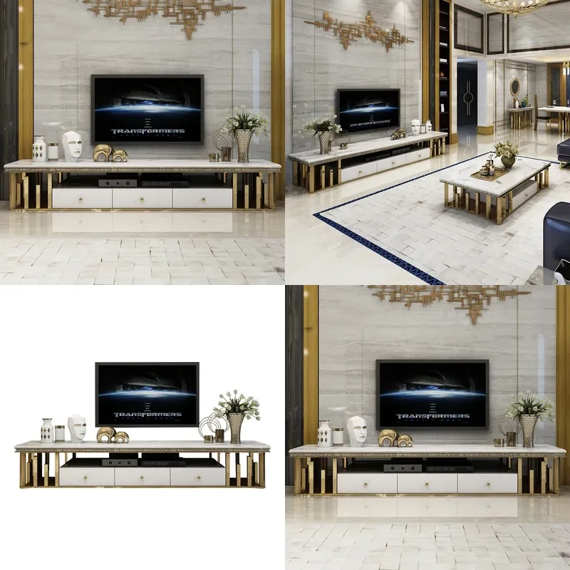 Light Luxury Rectangular TV Cabinet Furniture Set for Modern Living Room Including Marble Coffee Table Stainless Steel Floor