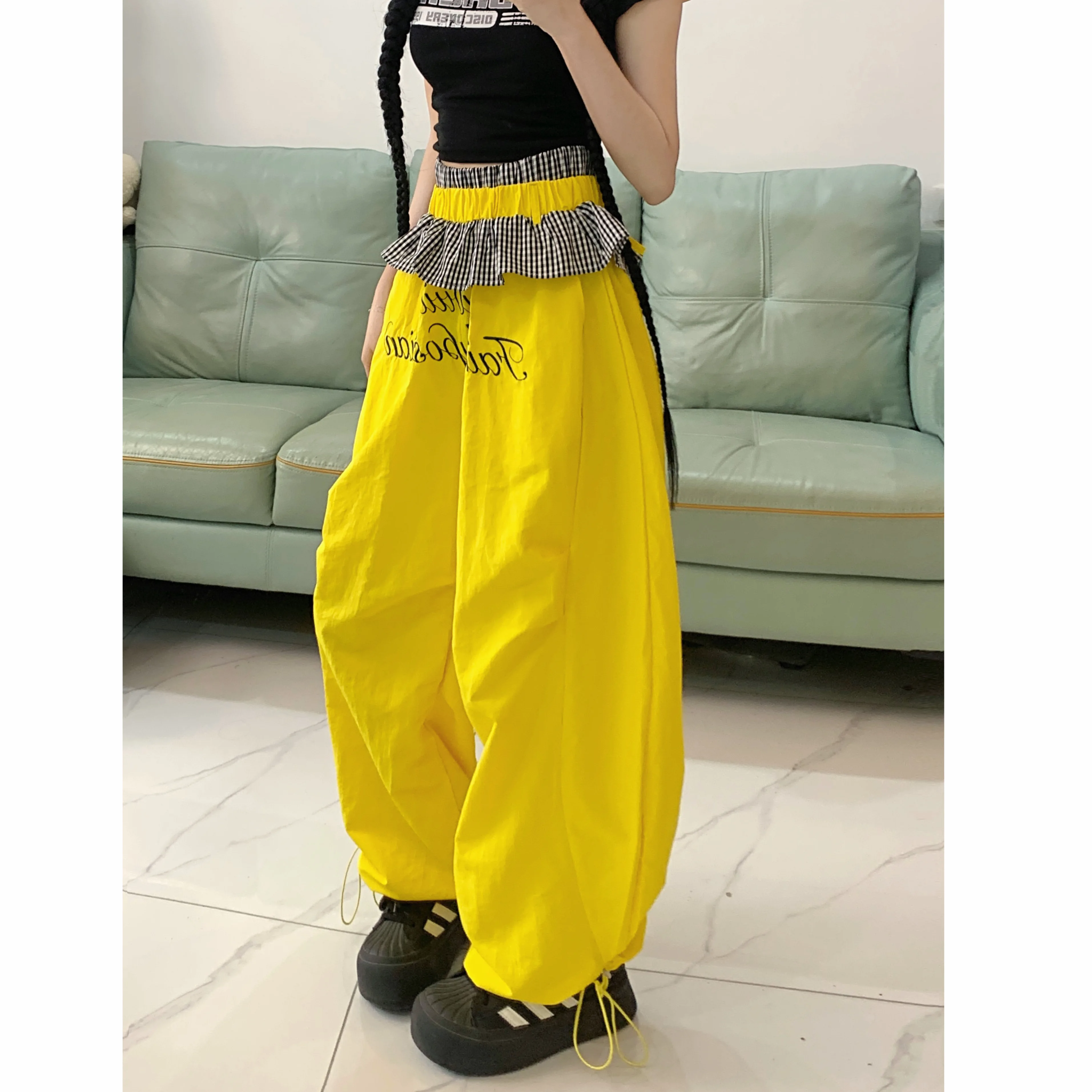 Pendientes de mujer a cuadros amarillos empalmados ​ ​ Pantalones con estampado de letras Moda urbana Y2k American Cintura elástica Nuevos pantalones casuales 2025