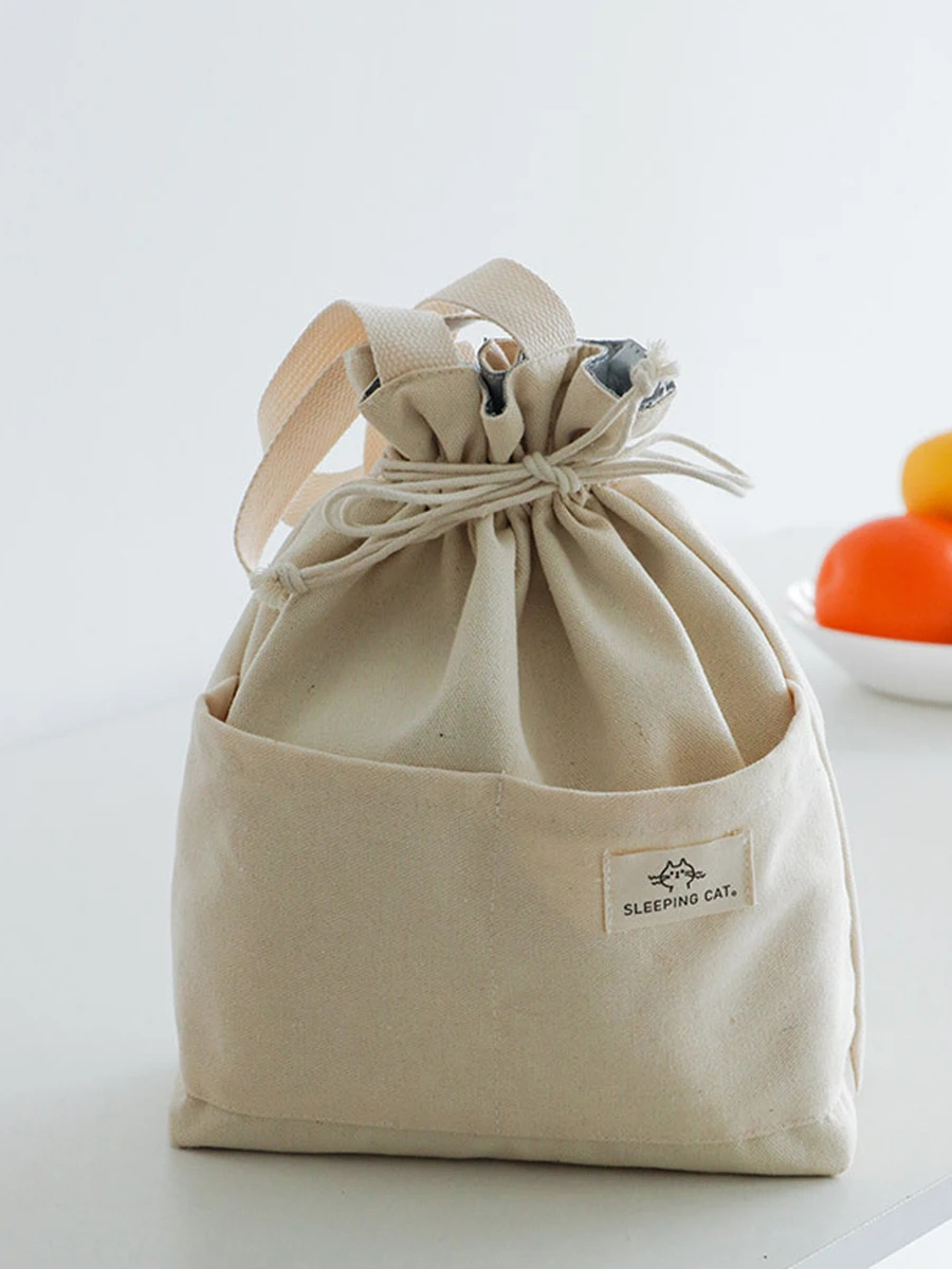 Isolierte Lunchtasche aus Segeltuch mit Kordelzug, verdickte Aluminiumfolie, Thermo-Bento-Box, Tragetasche, Kühler, Handtaschen für Büro, Picknick im Freien – Detail 5