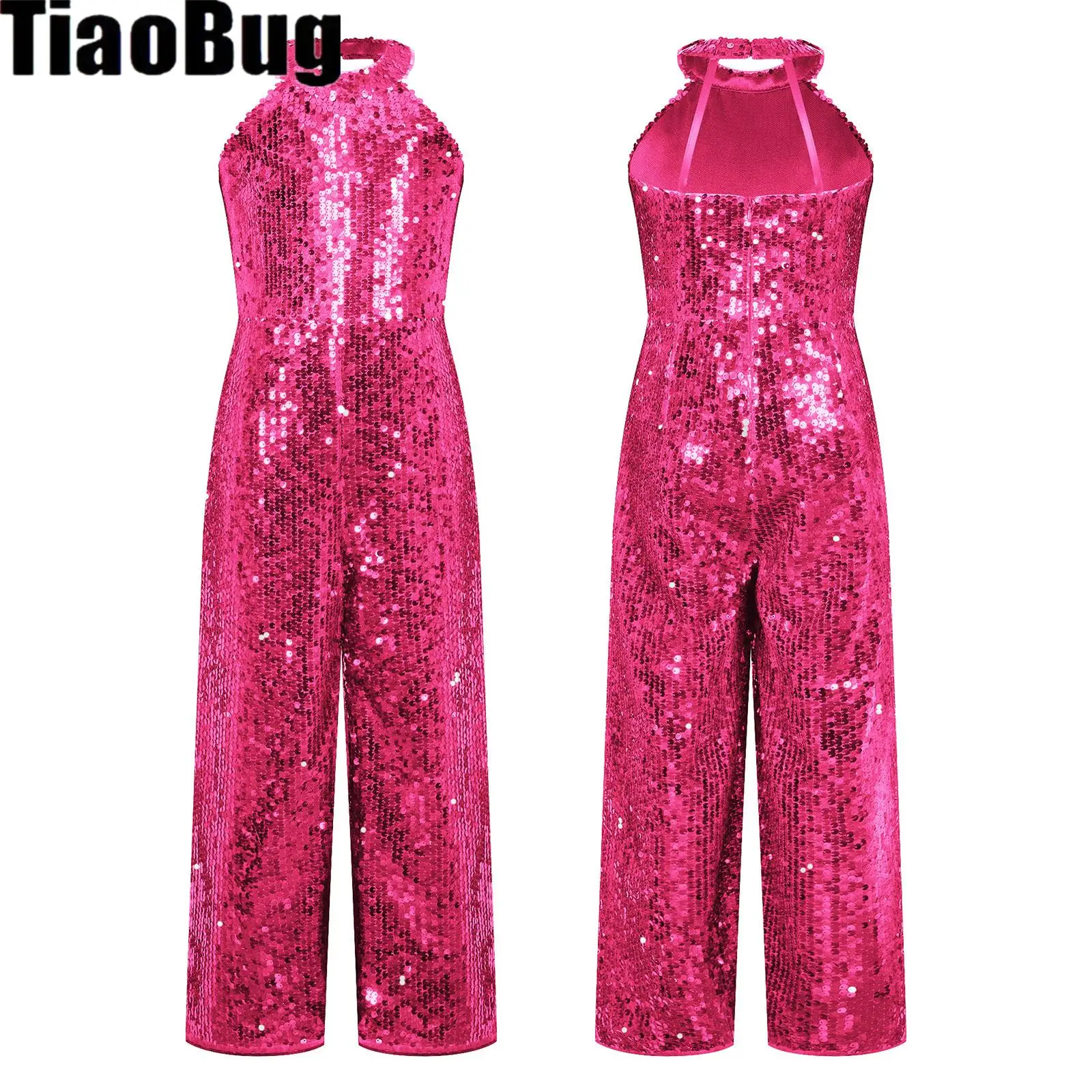 

Детский Блестящий танцевальный комбинезон с блестками для девочек, с воротником хомутиком, на бретельках, с открытой спиной, без рукавов, с широкими штанинами, цельный комбинезон для девушек