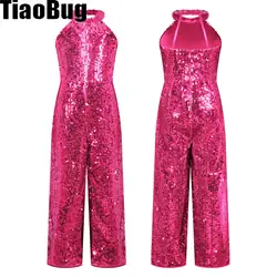Kids Girls Shiny Sequin Dance Romper Halter Neck Strapy Back Sleeveless Wide Leg Pants One-Piece Pageant Jumpsuit for Party