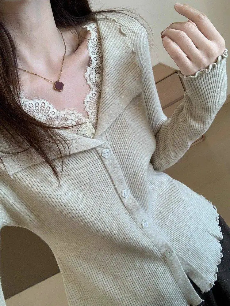 

Осенне-зимний базовый топ из тонкой шерсти с кружевом, вязаный, свободный крой в корейском стиле, универсальный, для женщин, длинный, с V-образным вырезом, теплый