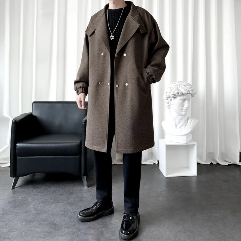 

Мужское шерстяное пальто средней длины для осени и весны, модное городское пальто-ветровка в британском стиле, двубортное, с дизайнерскими манжетами
