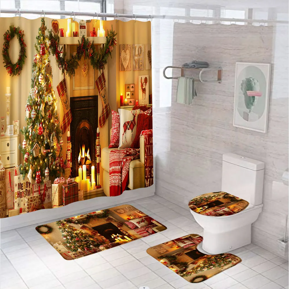 Chrismtas Tree Fireplace Shower Curtain Set Xmas Socks Bathroom Decor Winter New Year Bath Mat Non Slip Rug Carpet Toilet Cover