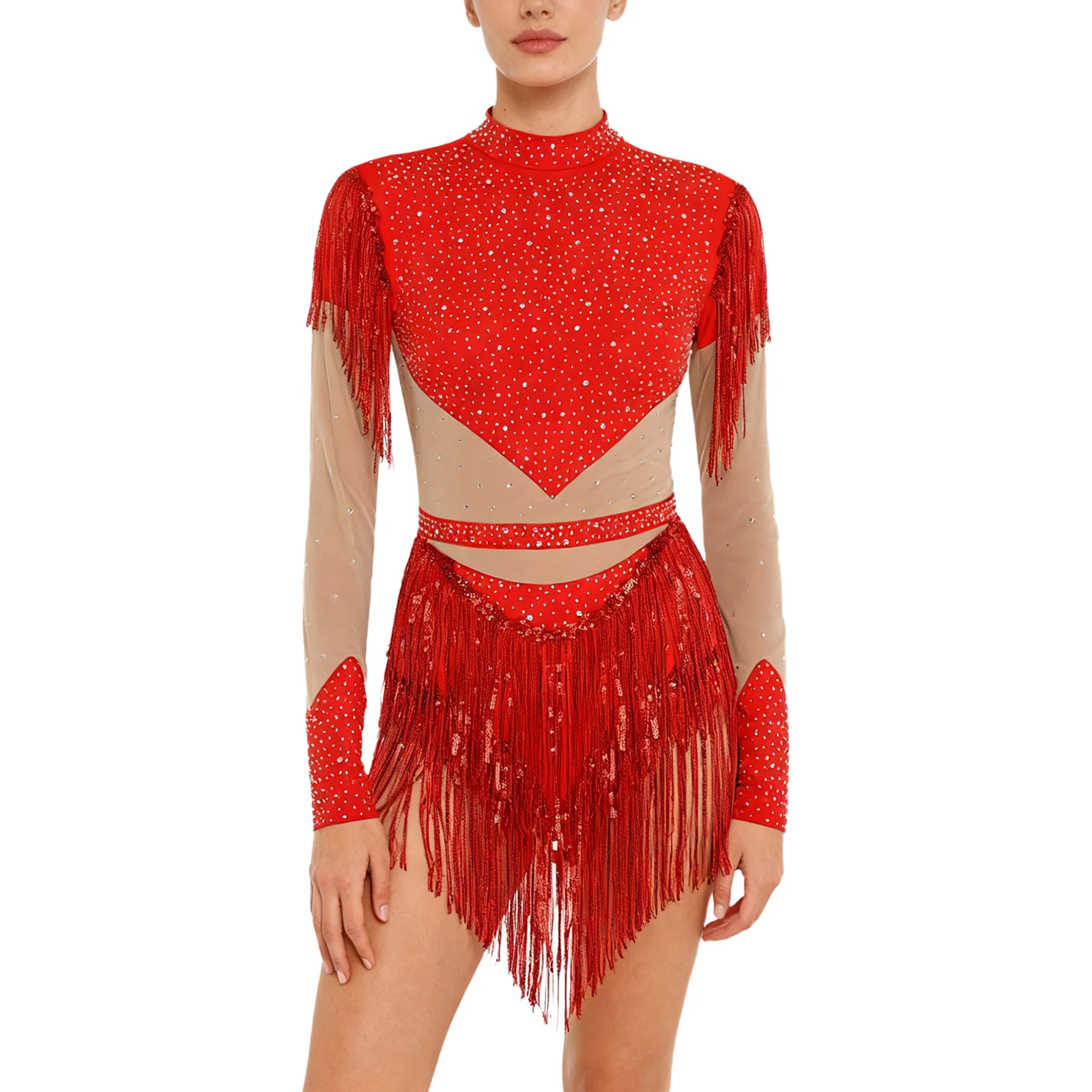 ملابس رقص تشاتشا اللاتينية للتزلج على الجليد ملابس نسائية للتزلج على الجليد من حجر الراين بدلة ترتر شرابة جمباز يوتار