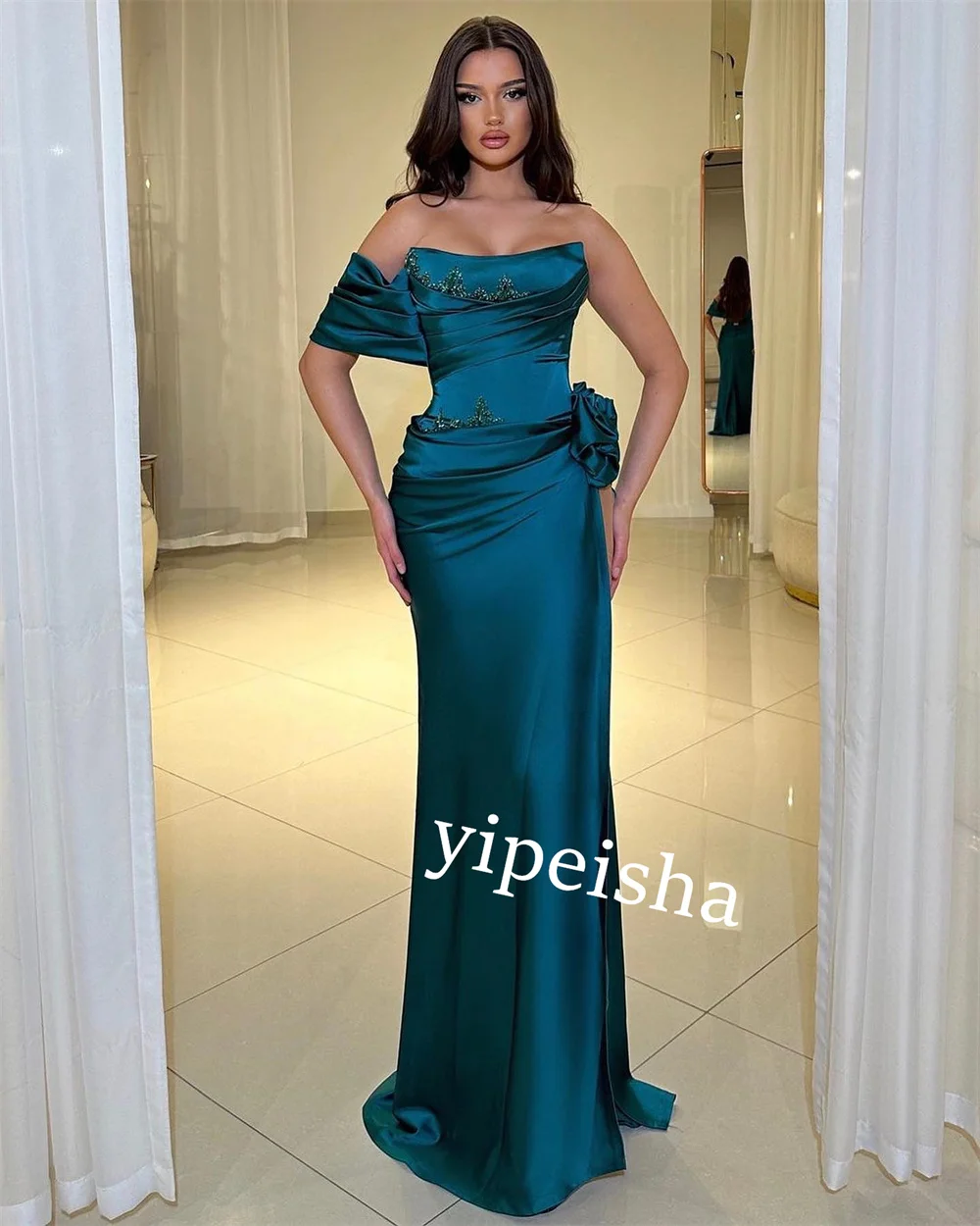 Customized S Pleat Beading Flower Birthday A-line One-shoulder Bespoke Occasion Gown Long Dresses