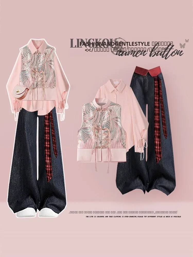 

Комплект из вышитой футболки и джинсовой жилетки оверсайз в винтажном стиле для женщин, осенне-зимний модный ансамбль