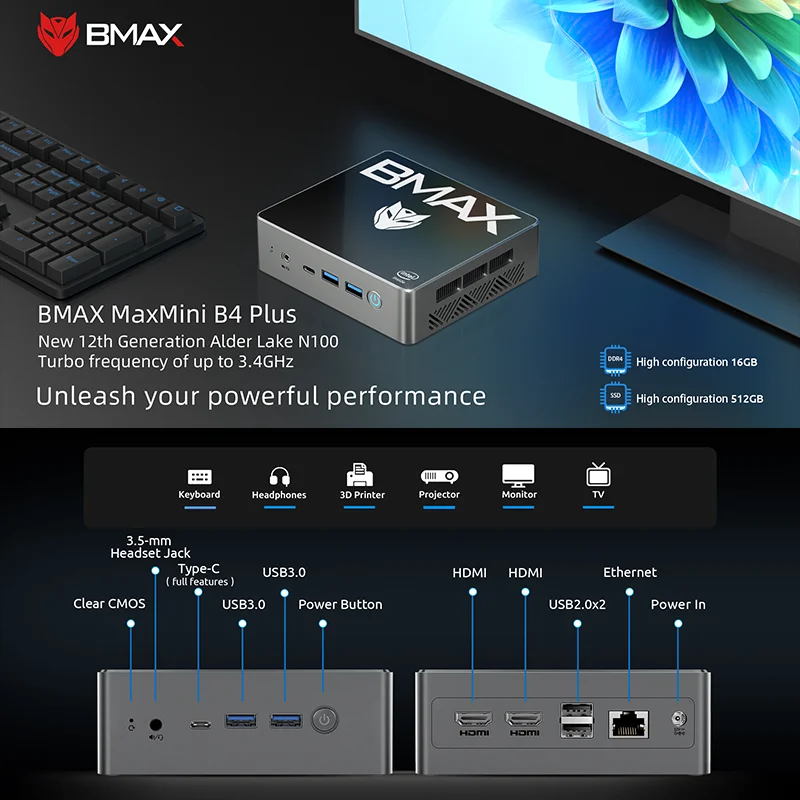 BMAX B4 Plus Mini PC Windows 11 PC Intel N100 16GB DDR4 512GB SSD 2*HDMI 1*Type-C Supports 4K@60Hz 750MHz Intel UHD Graphics