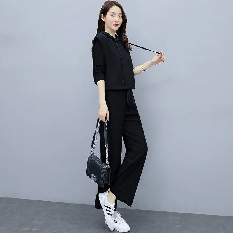 

Модный повседневный женский осенне-зимний новый стиль, тонкий жилет с капюшоном, свободные широкие брюки, костюм-тройка