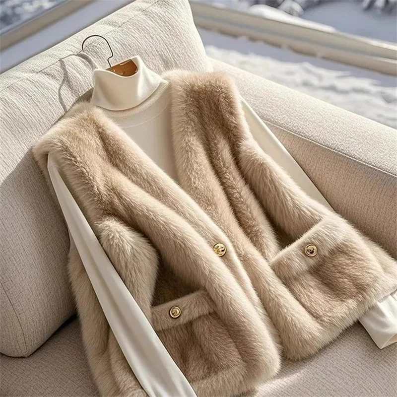 Small Fragrant style Light khaki lamb fur vest Jacket Women's Autumn winter 2025 New Mink fur fur one-piece Vest Short Outwear
