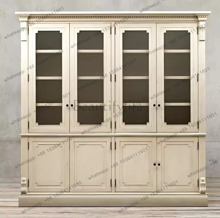 American solid wood dining side cabinet European French retro old oak storage simple four-door display cabinet