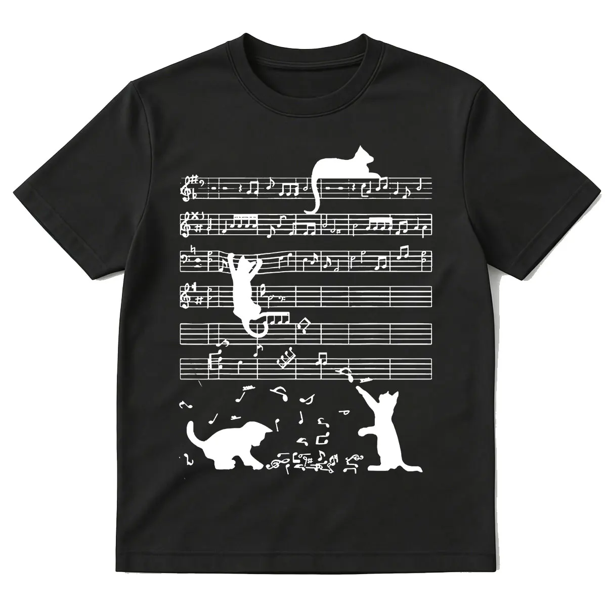 Funny Cat Playing Music Note Clef Musician Art Piano Graphic T-shirts Men Women Clothing Fashion High Quality Cotton T-shirt Top