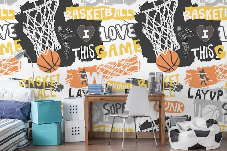 Sport Wallpaper Peel and Stick Basketball Wall Mural | Sport Motivation and Ball Hoop Wallpaper