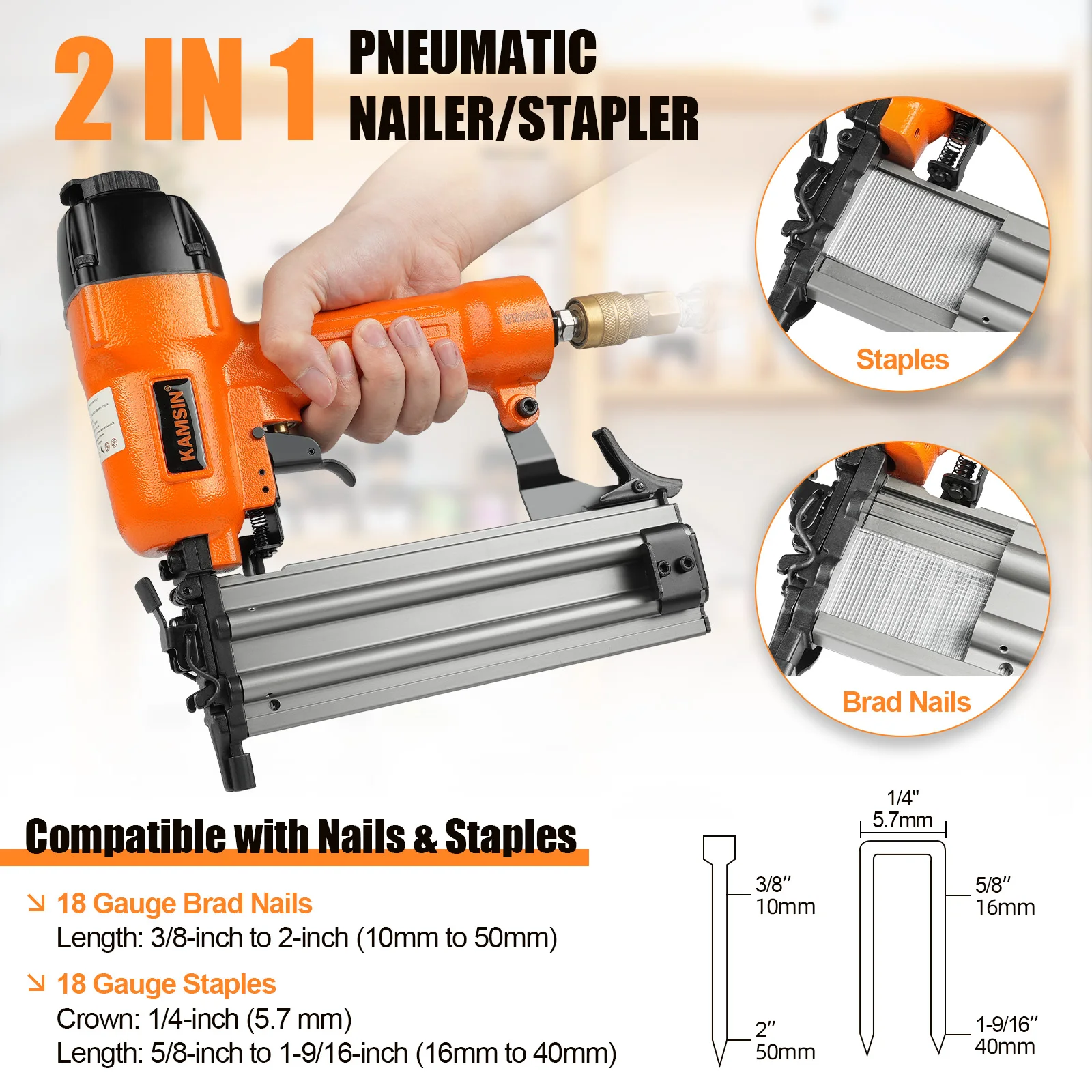 F50/9040 Pneumatic Brad Nailer, 2 in 1 Nail Gun Staple Gun Fires 18 Gauge 2