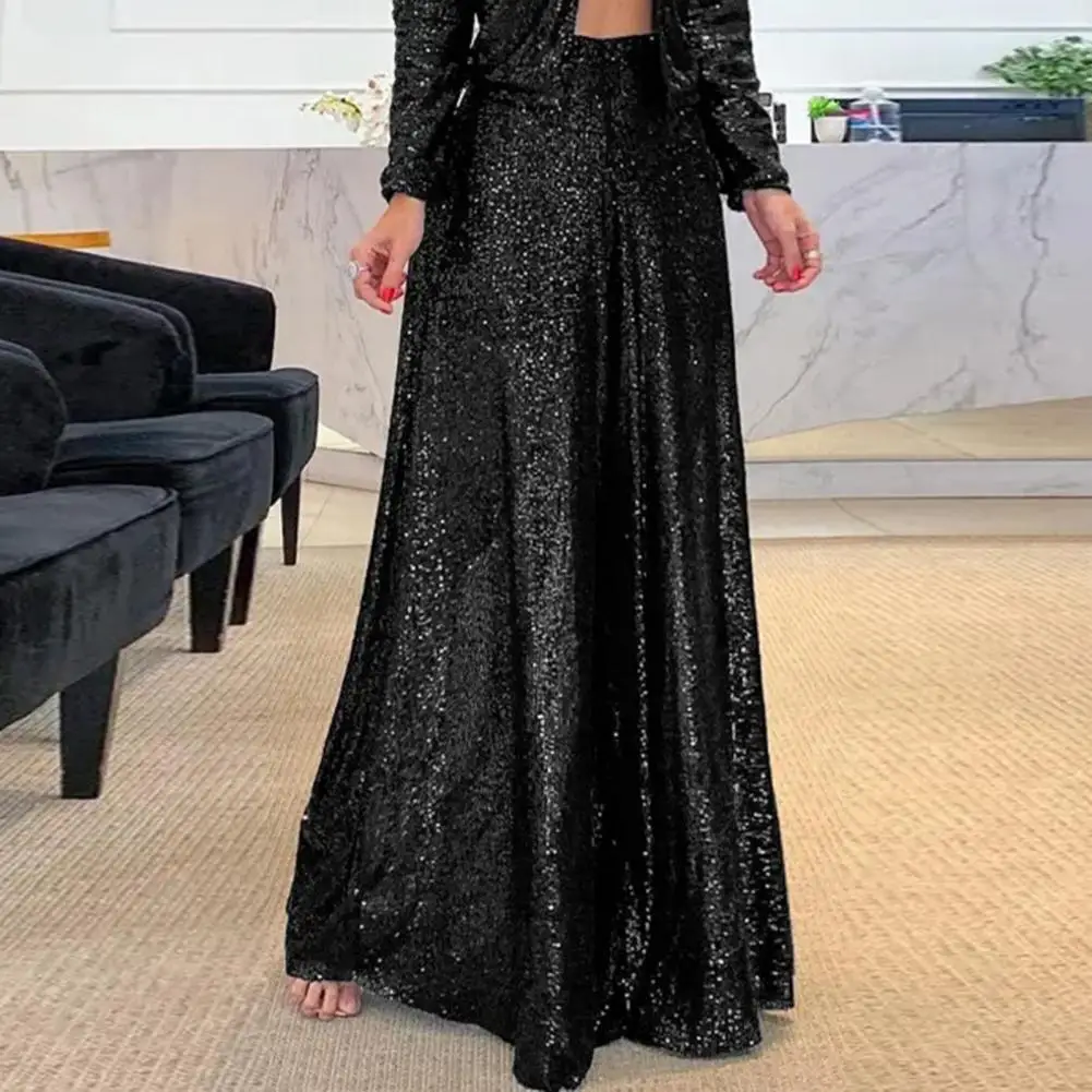 2024 Women Sequins Loose Wide Leg Flared Pants Full Length High Waist Trousers Elegant Work Pants Bright Sequins Baggy Pants