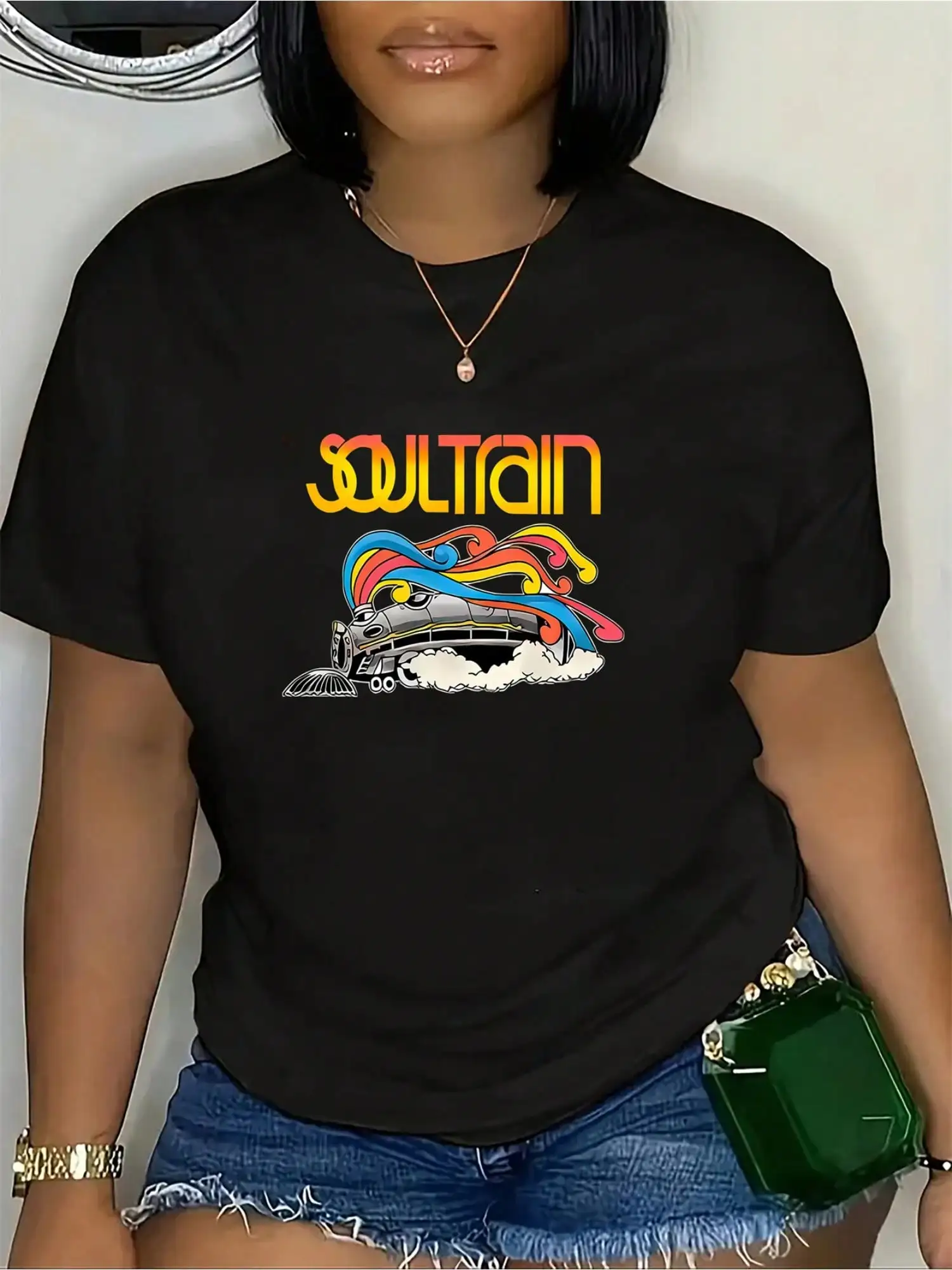

Soul Train Graphic Tee - Women'S Fashion Crew Neck Short Sleeve Sport T-Shirt, Knit Polyester Blend With Medium Stretch
