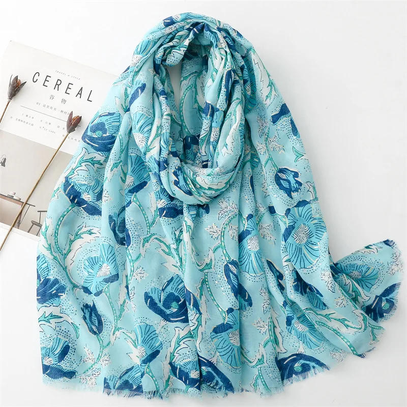 KYQIAO blue scarfs luxury brand designer long floral print neck scarves woman 2024 spring autumn head scarf accessories