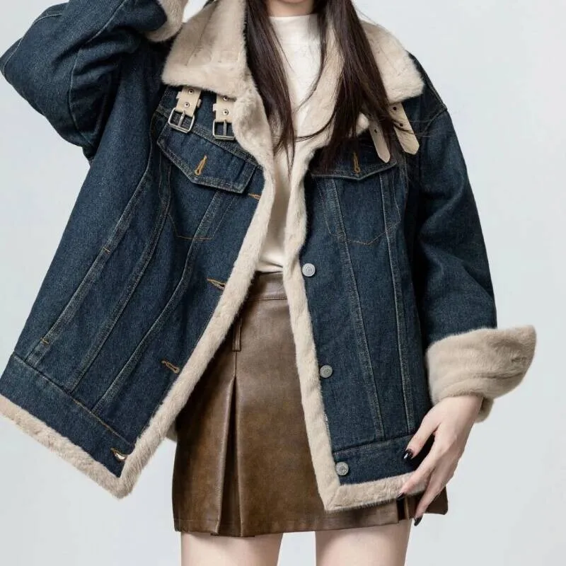 Giacca di jeans da donna con spessore in pile aggiunto, nuova giacca invernale in cotone stile moto 2025, top caldo e soffice