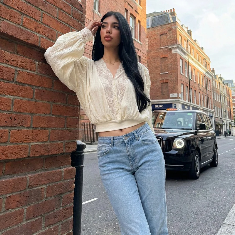 Women Lace Top V‑Neck Puff Long Sleeve Crinkled Texture Button Front Cropped Hem Blouse Elegant Casual Office Daily Ladies Shirt