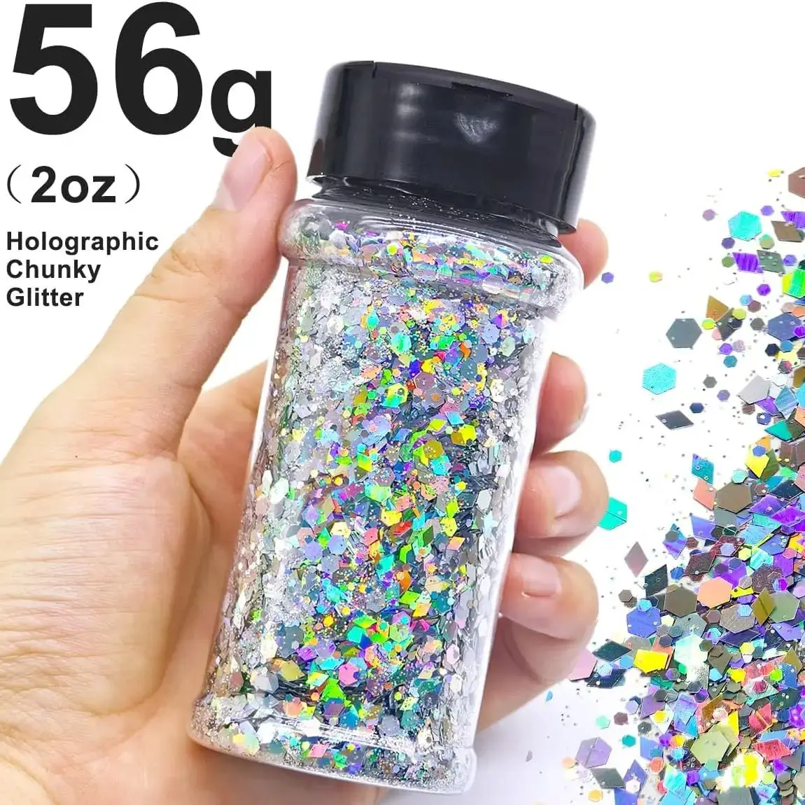 Silberner holografischer Nagelglitzer – 2 Unzen Glitzermischung, grober Glitzer, große Farben im Shaker, Nagelglitzerdekoration – Detail 23