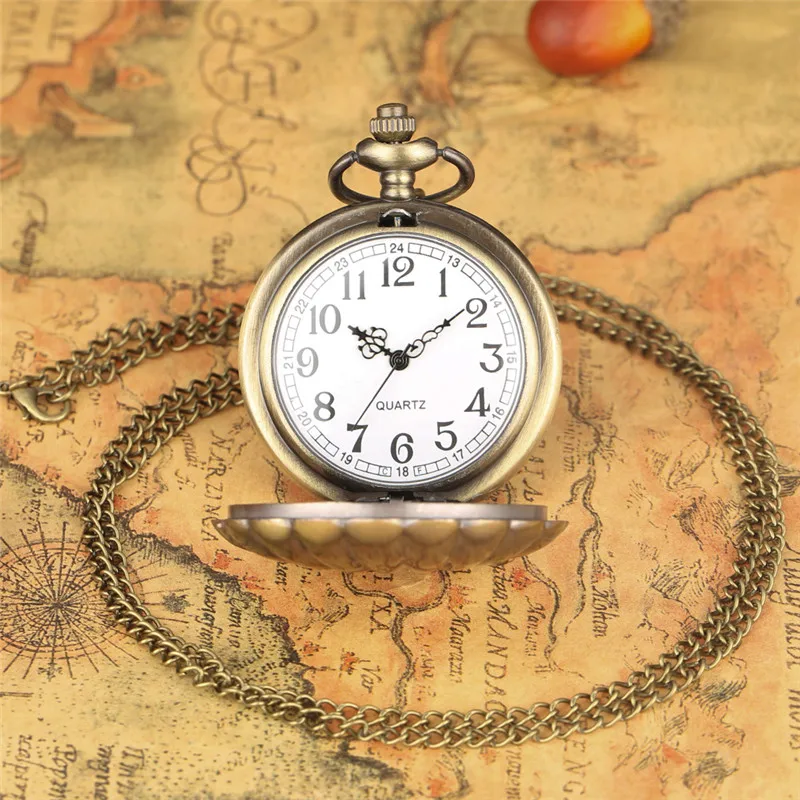 Steampunk Shell Pocket Watch Full Hunter Quartz Movement Sweater Necklace Chain Arabic Number Display Retro Timepiece Clock