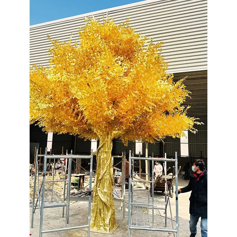 

Large fiberglass real tree golden banyan tree New Year's cash tree shopping mall hotel lobby indoor and outdoor decoration wishi