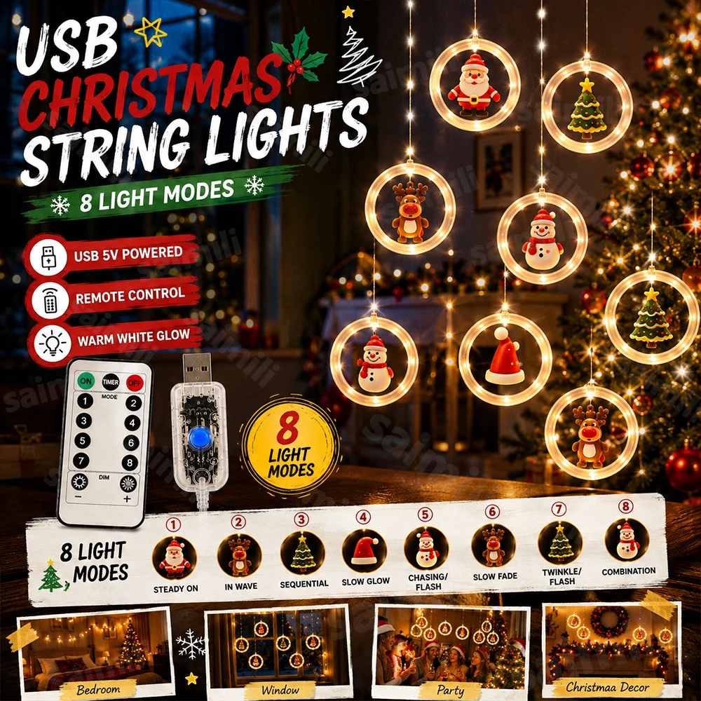 USB Christmas Ring Curtain Lights 3.5M 10‑Ring 100LED 8 Modes Memory Function Hanging Curtain Light For Home Holiday Party Decor