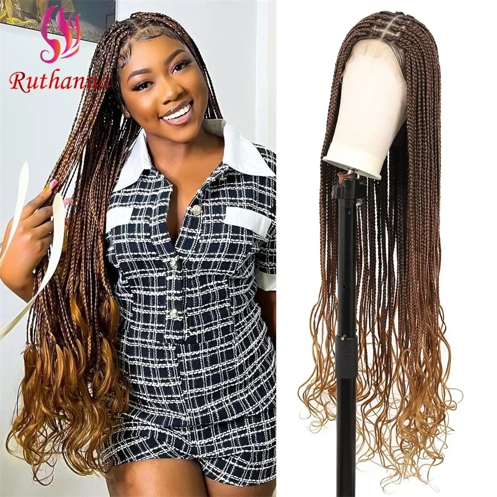 Box Full Lace Braided Tail Curl Wigs Synthetic Afro Dreadlocks For Black Women 32 Inch Crochet Hair 3x Twist Braids Wig Daily