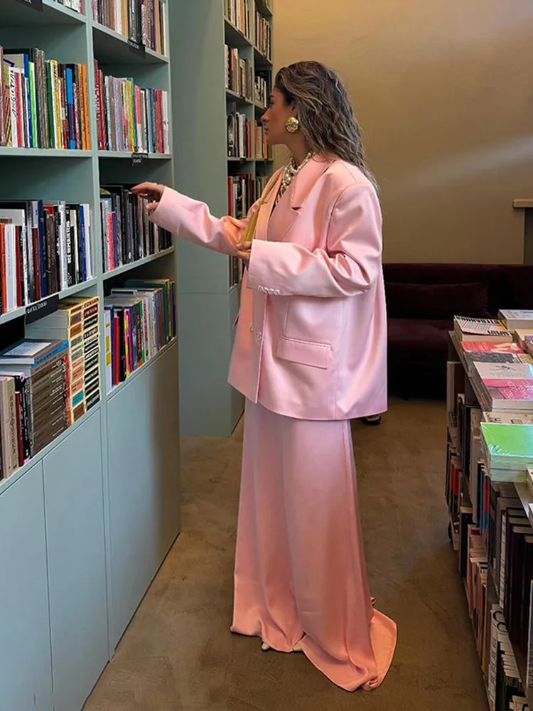 

Chic Solid High Waist Slim Maxi Skirt Suit Women Full Sleeve V-neck Double Button Lapel Blazer Sets 2025 Daily Commute Outfits