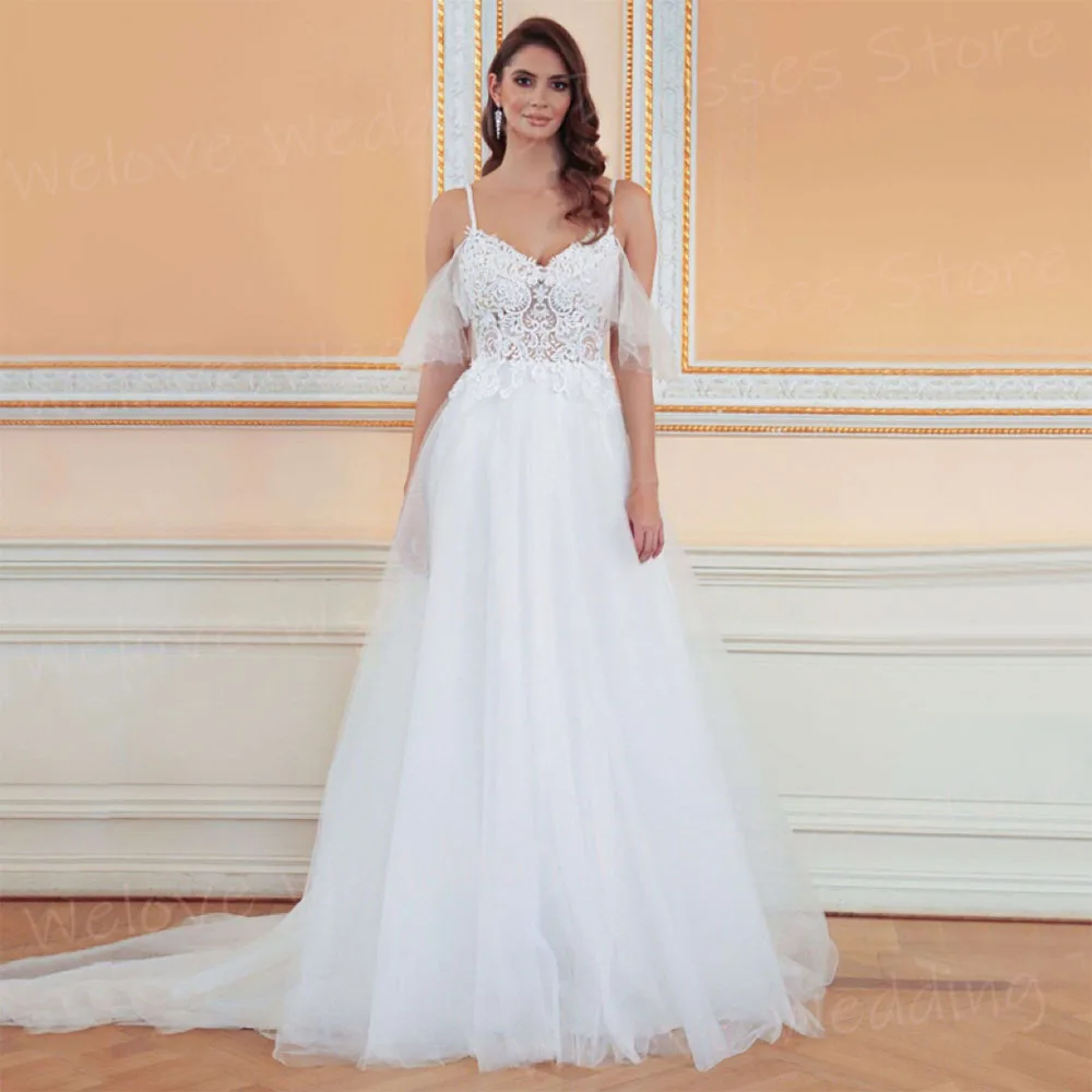 Popolare una linea abiti da sposa da donna eleganti Appliques abiti da sposa in pizzo Sexy spalline senza schienale abiti Novias Boda