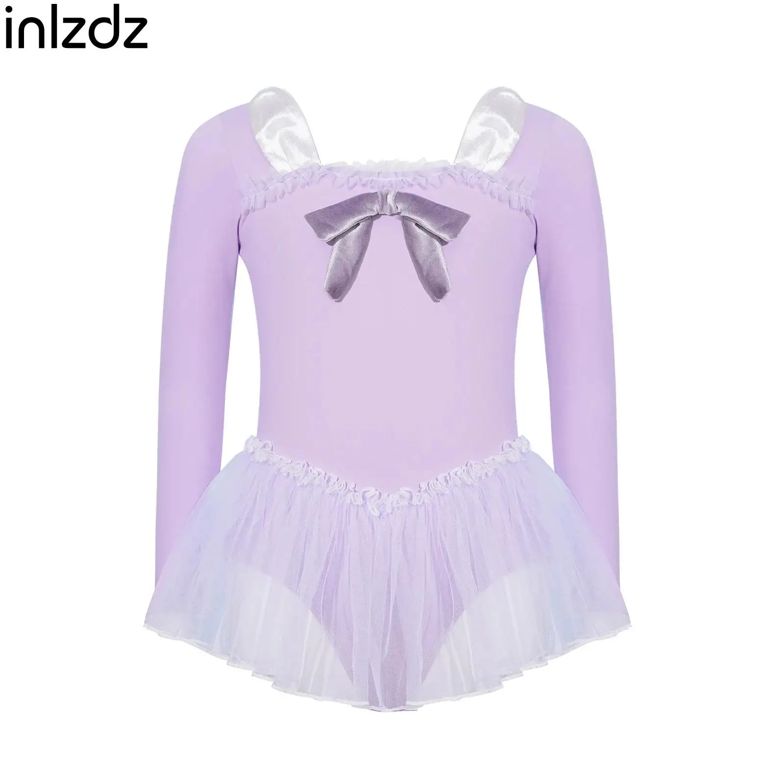 

Kids Girl Ruffled Sleeve Ballet Tutu Dresses Square Neck Velvet Rabbit Ears Bowknot Leotard Dress for Dance Practice Competition