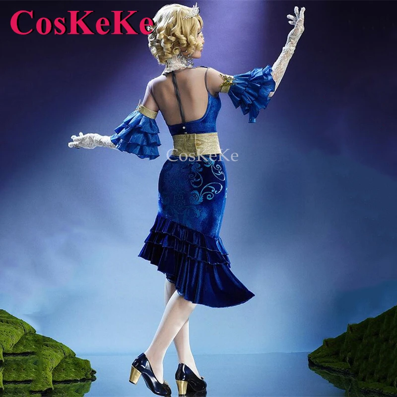 CosKeKe Emily Dyer Cosplay Identity V Costume Dottore Firefly Pelle Elegante Splendido Blu Abito Formale Attività Gioco di Ruolo Abbigliamento