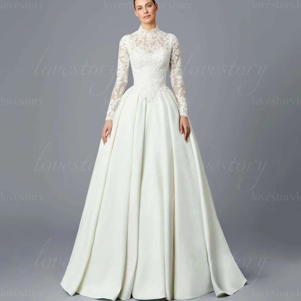 Customized Wedding Dresses Classic A Line Long Sleeves Bridal Gowns Lace Bride Robe High Neck  vestido de novia