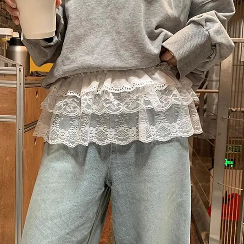 韓国のユニークなレースレイヤードガーゼスカートレーストリムAラインショートクロスミニウエストスカート原宿ガールズファッション白スカート