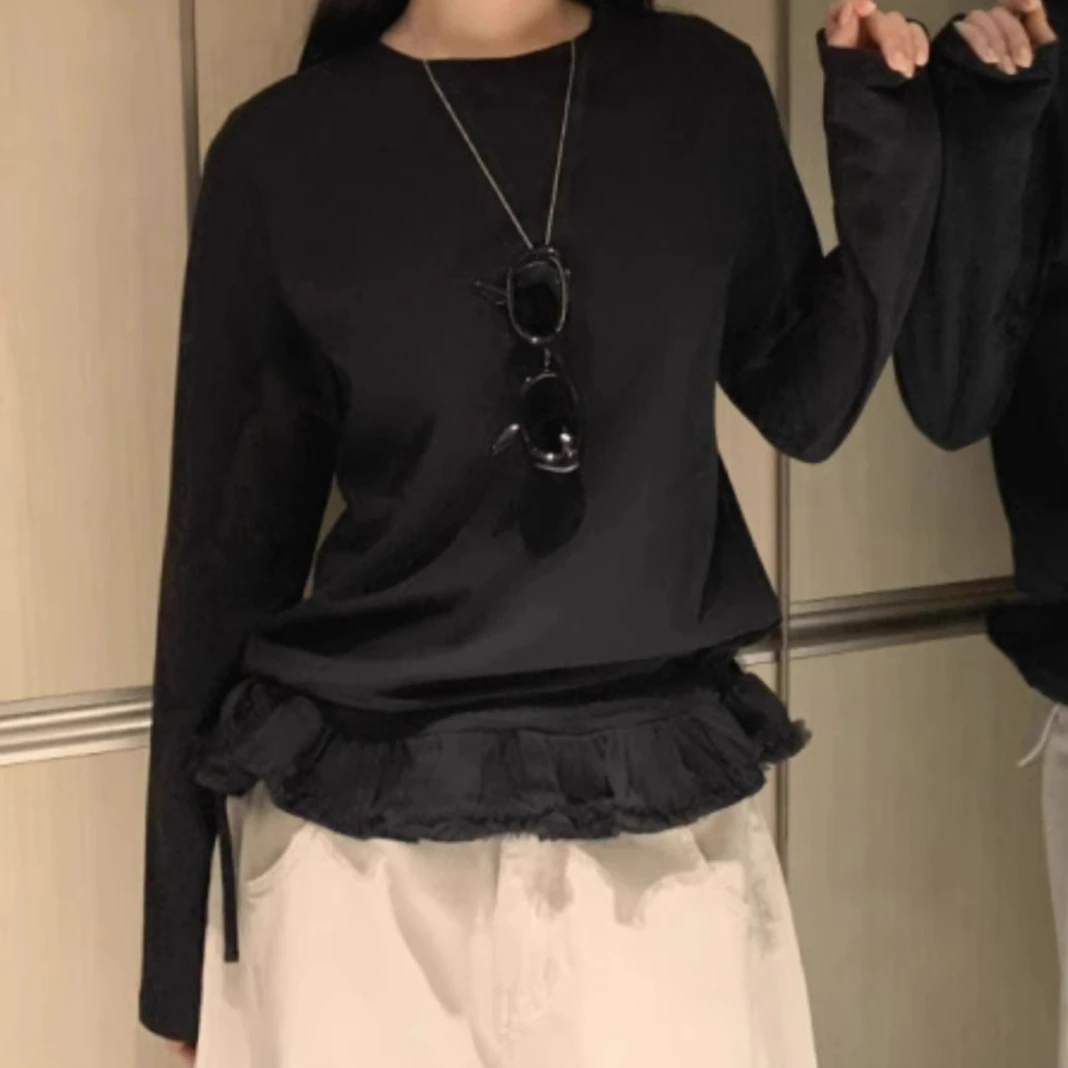 

Korean Style Sweet Lace Patchwork Hem Casual Basic Versatile Base Long Sleeved T-shirt Top