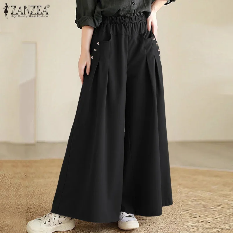 2026 ZANZEA Fashion Women Wide Leg Pants High Waist Pockets Long Trouser Elegant Streetwear Casual Solid Elastic Waist Pantalons