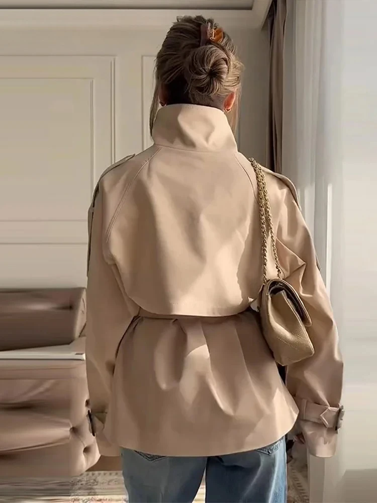 Elegant Belt Women's Short Trench Coat Stand Collar Long Sleeve Double Breasted Windbreaker 2026 Autumn Lady Commute Jacket 3
