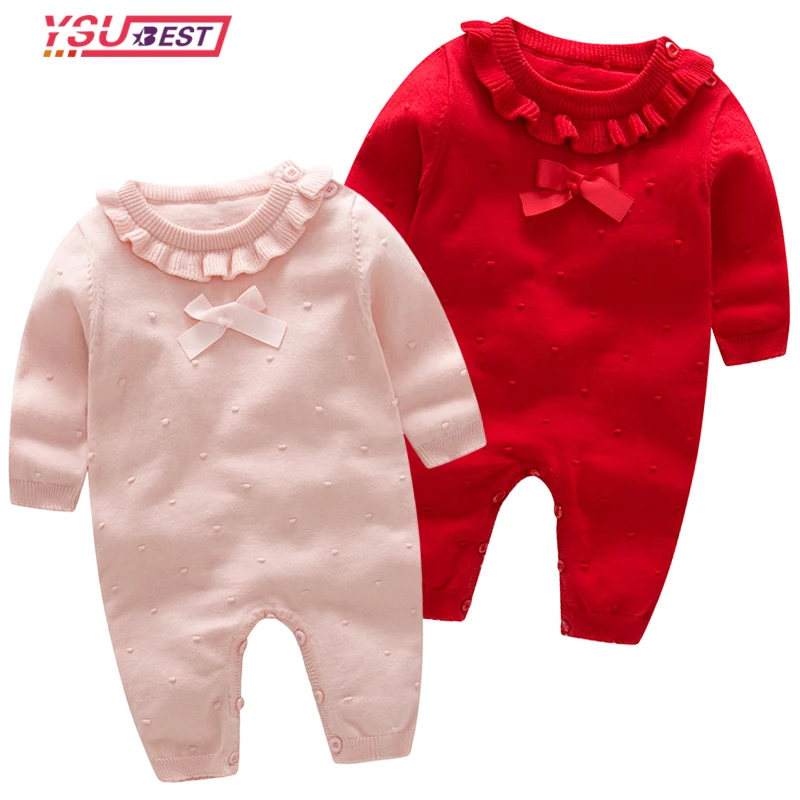 

Autumn Baby Knitted Rompers Bow Ruffled Babies Clothing Winter Newborn Baby Girls Knitt Princess Long Sleeves Jumpsuit Knitwear