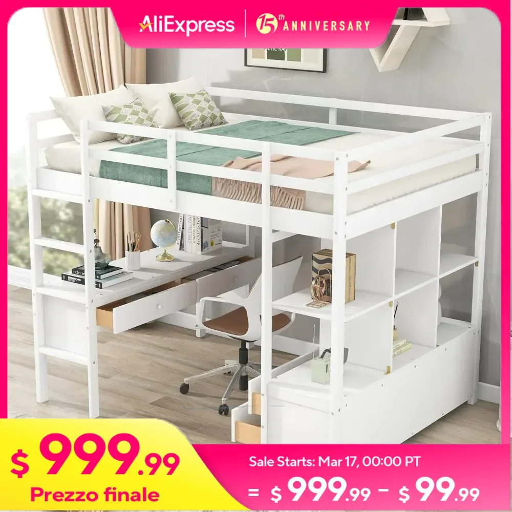 

Harper & Bright Designs Full Size Loft Bed Frame with Desk and Storage, Solid Wood Loft Bed with Bookshelf and Drawers, for Kids