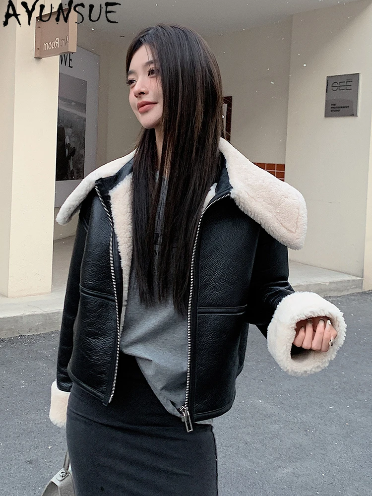 AYUNSUE 2025 New Winter Shearling Jacket Woman 100% Natural Wool Jackets for Woman Clothing Lamb Fur Jacket Woman Abrigo Mujer