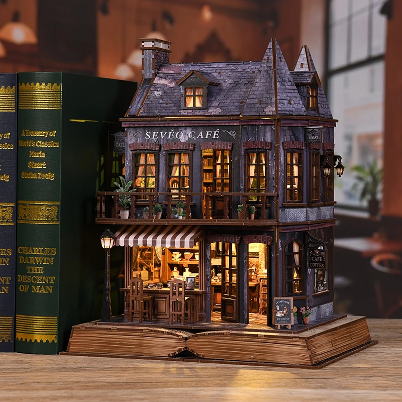 DIY Wooden Book Corner Cafe Cottage Figurines Miniatures Kits Coffee Shop Casa for Friends Birthday Gifts Home Decor Crafts