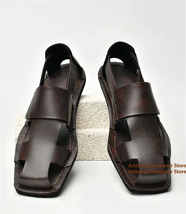 Men's Black Soft Leather Slide Sandals Thick-Soled Open Toe Slip On Casual Summer Slides Trendy Luxury Handmade Men's Shoes
